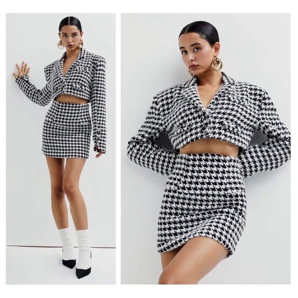 For Love and Lemons Bonnie Cropped Blazer Mini Skirt Houndstooth Suit Set Size M - Picture 1 of 16